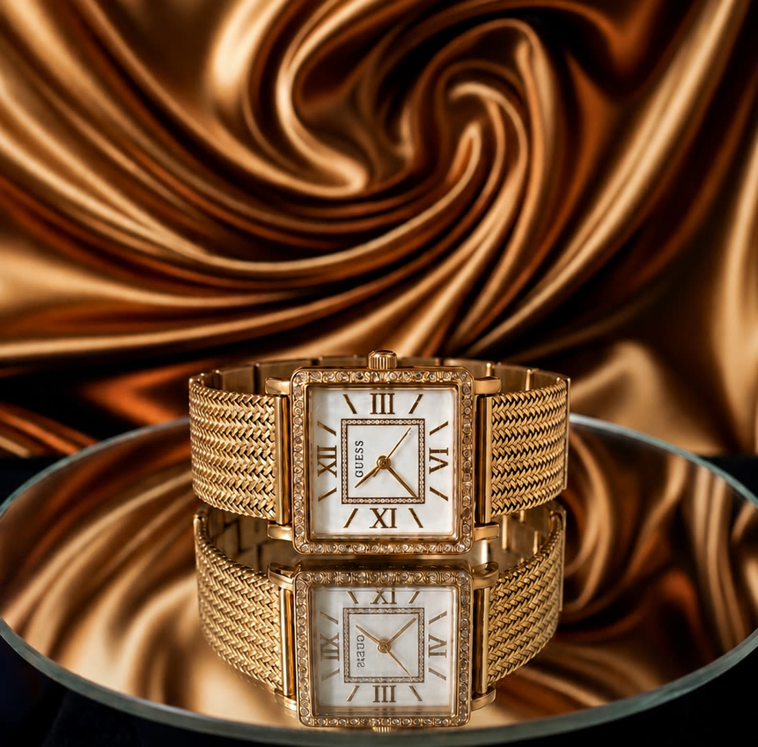 Gold Guess watch styled on bronze satin